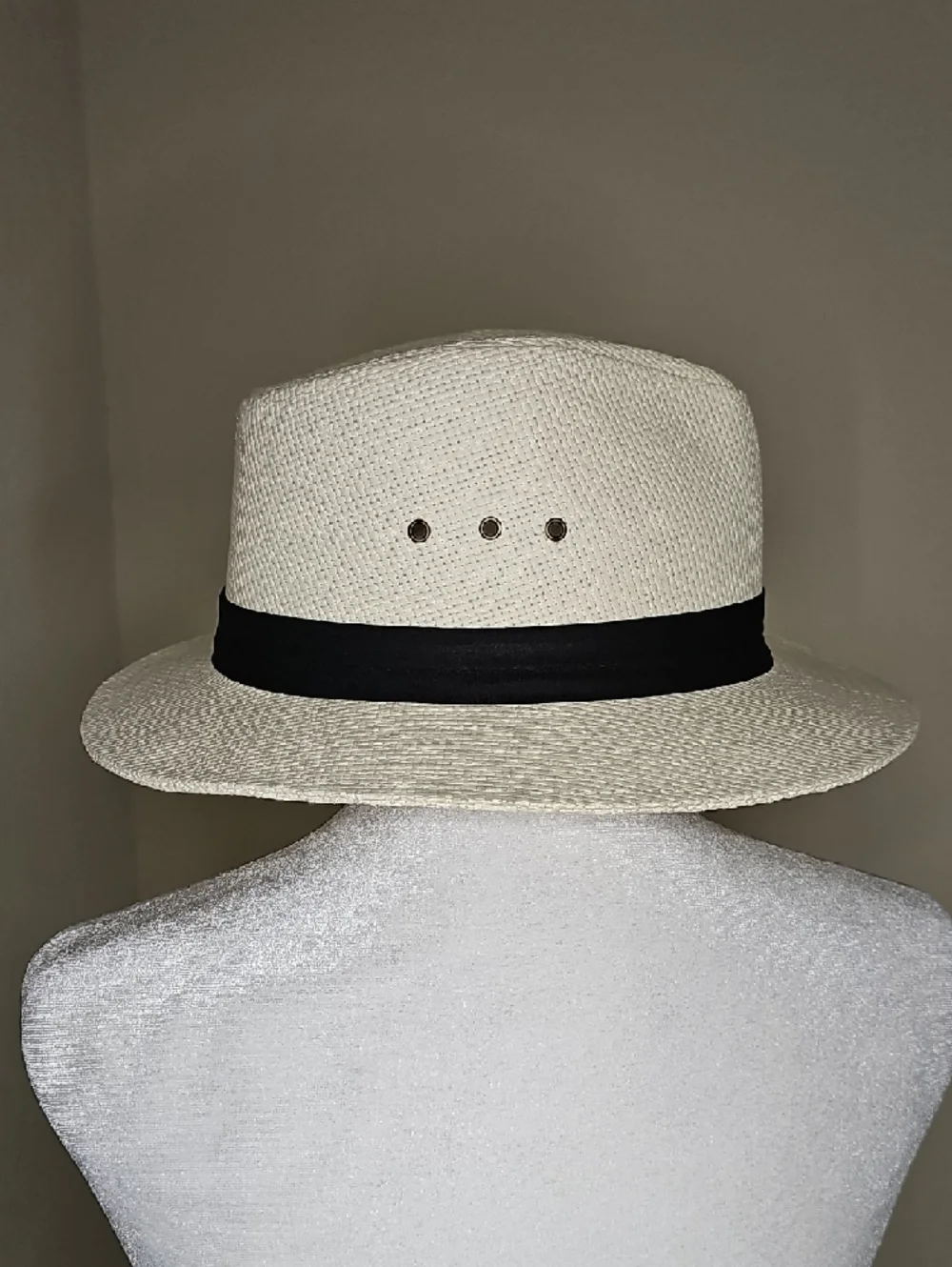 Panama Jack Cream Straw Fedora Safari Hat with 2-Pleat Black Band L - Picture 2 of 10